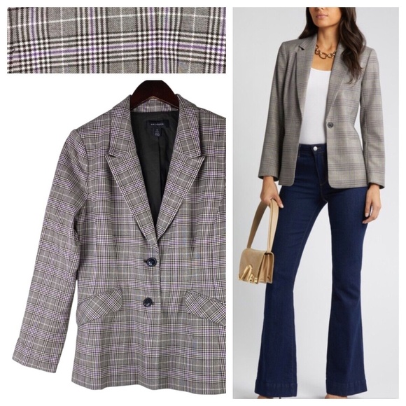 Halogen Jackets & Blazers - Halogen Sz 12 Petite 12P Large Blazer Jacket Plaid Gray Purple Career CHIC